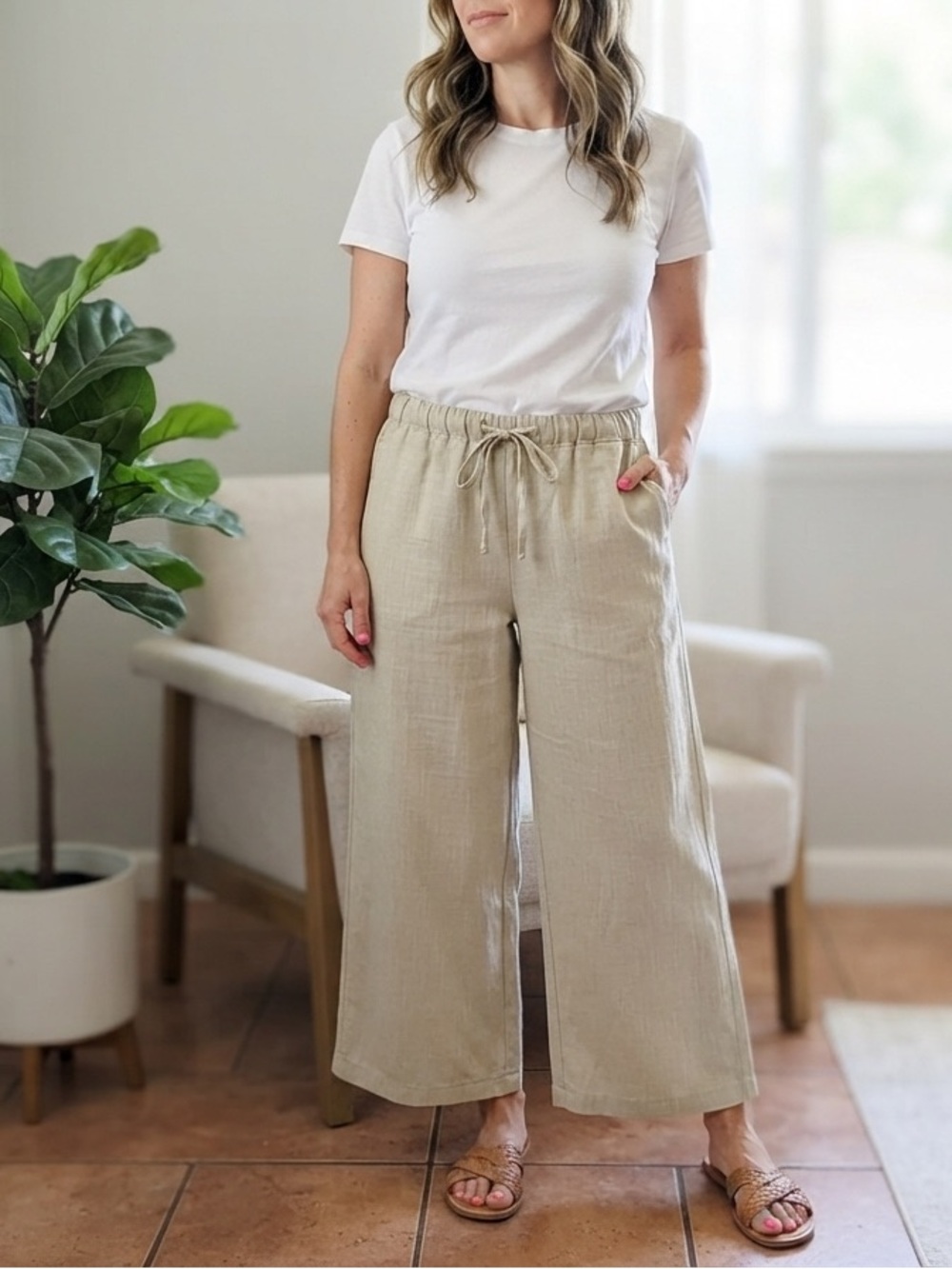 Linen Blend Woman’s Size Large/Tall Relaxed Wide-Leg Drawstring Pants in Sand